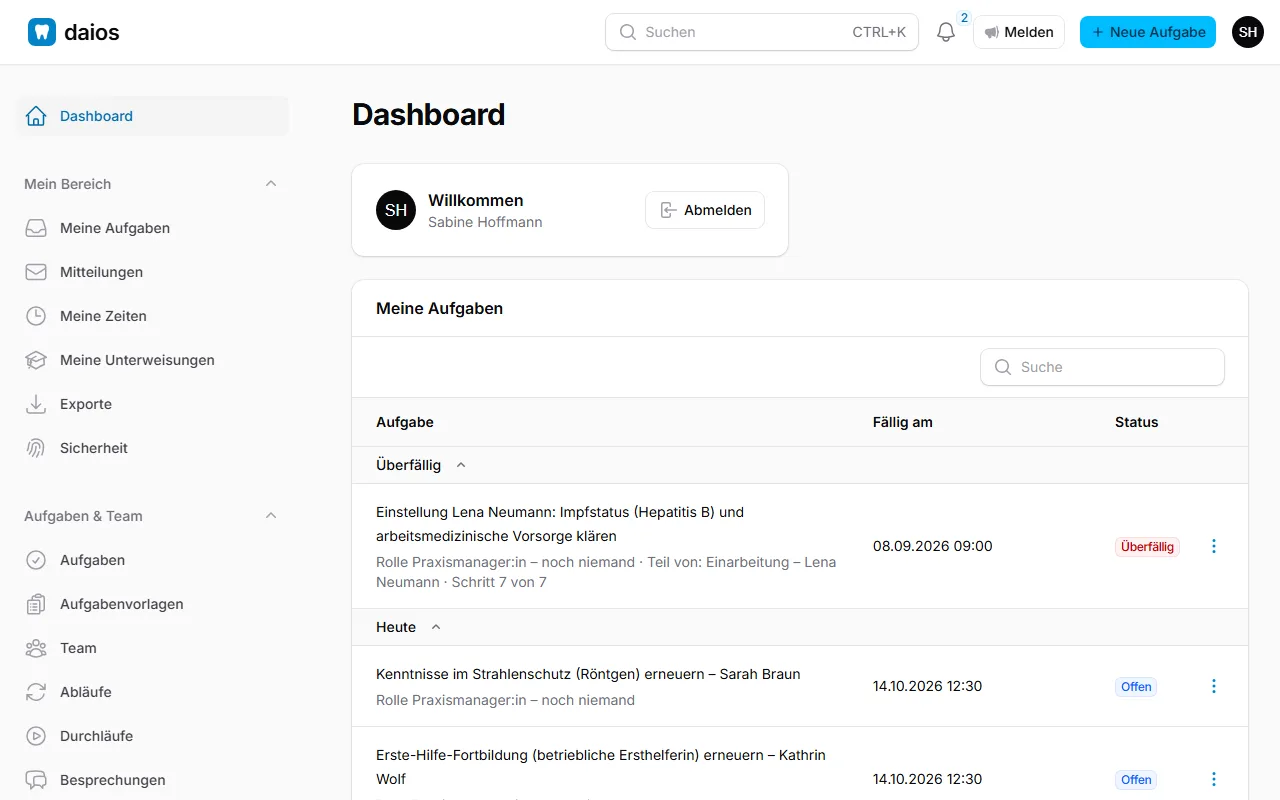 Das Dashboard mit den Aufgaben des Tages und den Dokumenten, die noch zu lesen sind